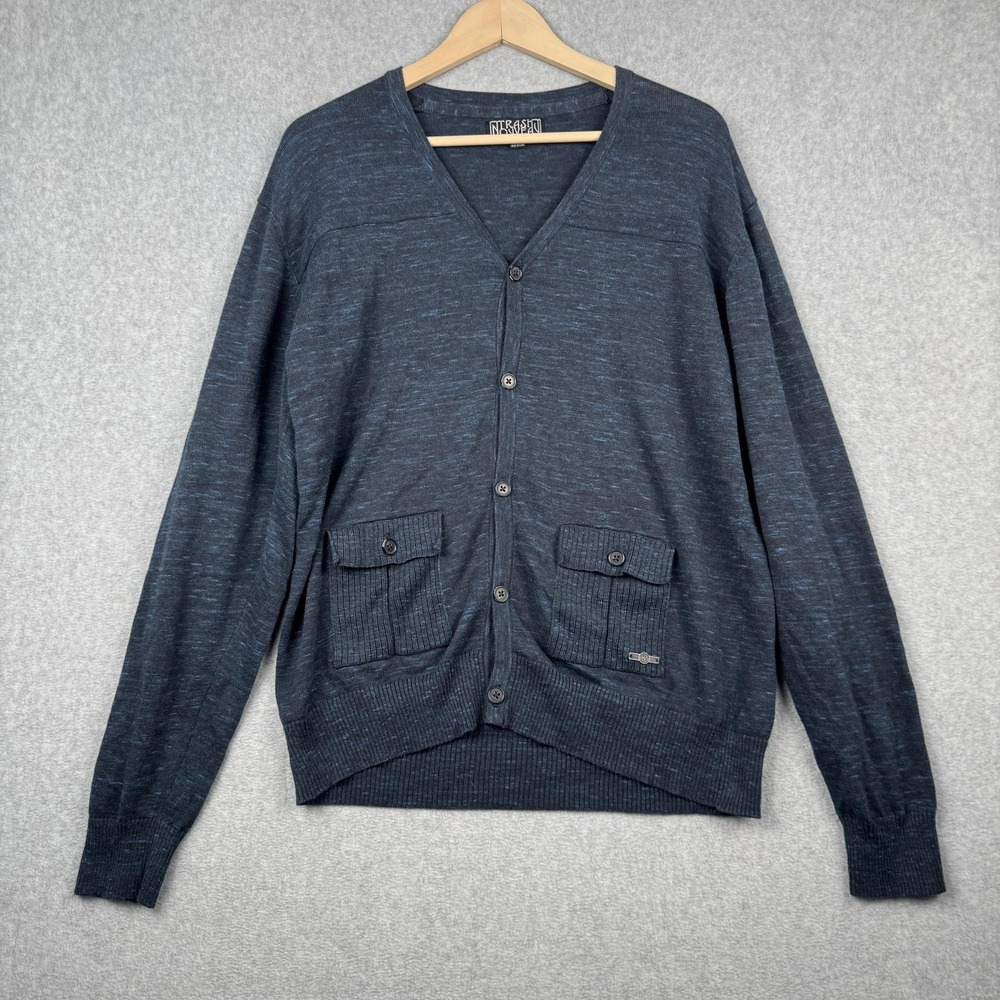 Trash Nouveau Cardigan Mens Large Navy Blue Space Dye Elbow Patch Cotton Sweater